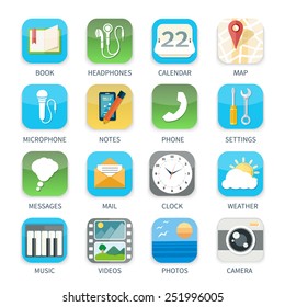 Mobile phone applications icons set of music weather calendar camera video in flat design isolated on stylish background