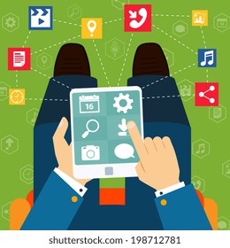 Mobile phone applications navigation communication flat concept with man holding tablet vector illustration
