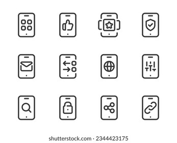 Mobile Phone Applications and Services vector line icons. Smartphone Preferences outline icon set.