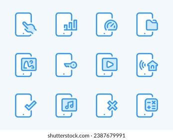 Mobile Phone Applications and Services vector line icons. Smartphone Preferences outline icon set. Photo, Video, Audio, Report, Access, Files and more.