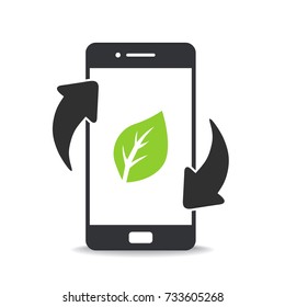 Mobile phone with a arrows and green leaf on the screen, Mobile Phone Vector Icon, Vector Illustration, Eps10