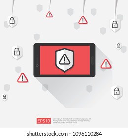 mobile phone with attention warning alert sign with exclamation mark symbol on screen. shield line icon for Internet VPN Security protection Concept vector illustration.