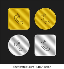 Mobile phone auricular part outline with call sound lines gold and silver metallic coin logo icon design