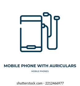 Mobile phone with auriculars icon. Linear vector illustration from mobile phones collection. Outline mobile phone with auriculars icon vector. Thin line symbol for use on web and mobile apps, logo, 