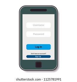 Mobile phone with authorization on the screen. Vector illustration