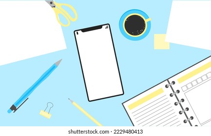  Teléfono móvil con fondo. Fondo de vector de negocio con teléfono y papel. Concepto de negocio, ilustración vectorial de diseño plano.