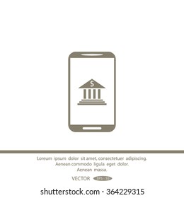 Mobile phone with bank sign icon, vector illustration.
