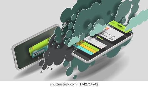 Mobile phone with banking app interface in isometrics and green circles. Vector banner