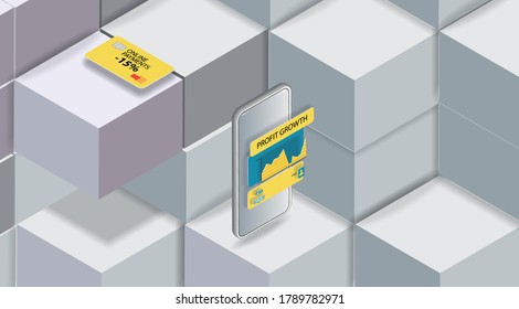 Mobile phone with banking interface in space in isometry on an abstract background of white cubes. Vector banner