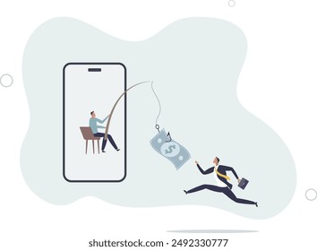 Mobile phone banking scam, fraud link to steal money, phishing bait website or online crime, thief steal money from mobile banking app concept.flat design.illustration with people.