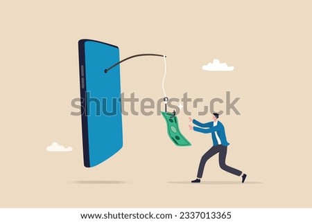 Mobile phone banking scam, fraud link to steal money, phishing bait website or online crime, thief steal money from mobile banking app concept, mobile smartphone with fishing bait scam money threat.