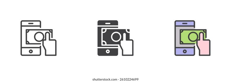 Mobile phone with a banknote and hand different style icon set. Line, glyph and filled outline colorful version, outline and filled vector sign. Mobile payment symbol, logo illustration