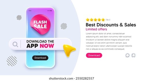 Anuncio del teléfono móvil con la etiqueta engomada de la venta del flash. Plantilla de interfaz de App de barras de Búsqueda. Maqueta de teléfono con App de Descarga ahora. Anuncio telefónico en redes sociales. App con calificación de cinco estrellas. Ilustración vectorial