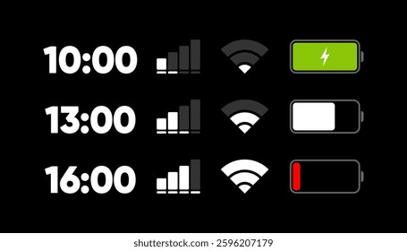 Mobile phone bar indicators. Status bar modern. Icons for mobile app and ui. Vector illustration.