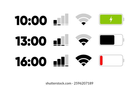 Mobile phone bar indicators. Status bar modern. Icons for mobile app and ui. Vector illustration.