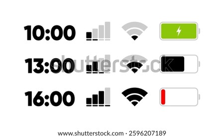 Mobile phone bar indicators. Status bar modern. Icons for mobile app and ui. Vector illustration.