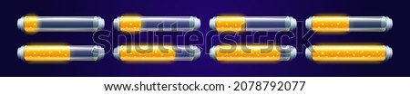 Mobile phone battery charge levels from low to high. Vector realistic illustration of full, half and empty glass container with golden shine. Loading or progress bar for game interface