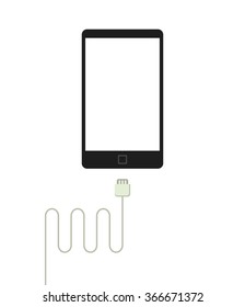 Mobile phone battery charger vector illustration, data cable connector mockup shape, smartphone silhouette in flat simple black and white style modern design isolated on white background