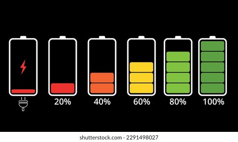 Handy-Akku laden flache Symbole einzeln auf schwarzem Hintergrund, Ladebatterie von 0 bis 100%.