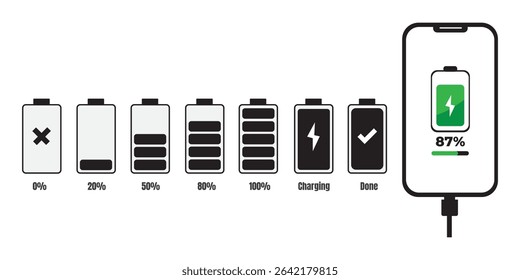 Mobile Phone Battery Charging Icon Set - Vector Battery Charge Level Indicators with Percentage Symbol for Mobile Apps, Web UI, and Tech Infographics - Flat and Minimalist Black Charging Icons