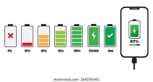 Mobile Phone Battery Charging Icon Set - Vector Battery Charge Level Indicators with Percentage Symbol for Mobile Apps, Web UI, and Tech Infographics - Flat and Minimalist Colorful Charging Icons