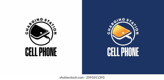 Mobile phone battery charging logo design with cable adapter symbol