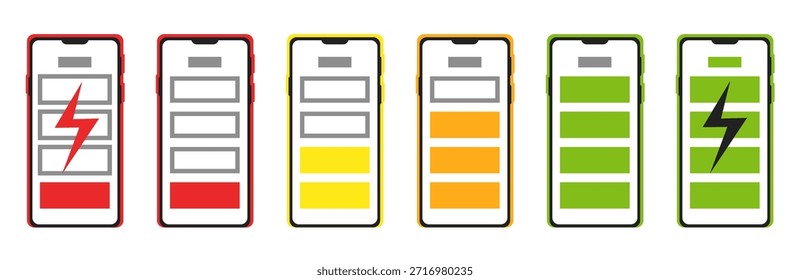 Telefone celular com ícones indicadores do nível da bateria. Acumulador completo ou baixo. Capacidade de energia elétrica Tela do smartphone. Estado do combustível. Recarregue a tecnologia móvel. Conjunto de símbolos vetoriais do indicador de carregamento