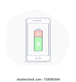 Mobile Phone with Battery on device screen, Loading and Power concept. Isolated vector illustration, flat outline icon design.