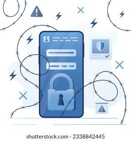 Mobile phone behind barbed wire. Reliable protection of your smartphone from hacker hacking, unlocking or attacks. Reliable protection technology, antivirus. flat vector illustration