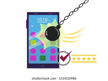 A mobile phone being smashed by a wrecking ball to show its screen quality. Editable Clip Art.