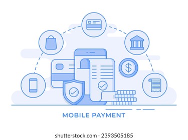 Mobile phone bill payment, Paid by credit card, Online shopping thin line flat illustration infographic for landing page, banner, mobile app, Web design, UI UX