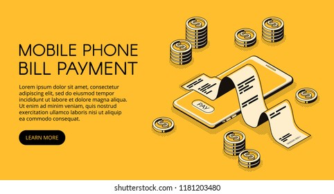 Mobile phone bill payment vector illustration of smartphone with money and invoice receipt. Online banking payment technology application in isometric black thin line on yellow halftone background