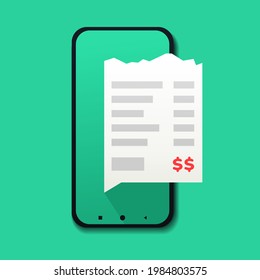 Mobile phone with billing on screen. Receipt bill on smartphone. Paper invoice, shopping cash bill slip, buying tax transaction service. Illustration vector