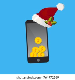 Mobile phone bitcoin Christmas payment concept. Bitcoin golden coins on smart phone screen with Santa Claus hat. mobile transaction or donation. Mobile mining