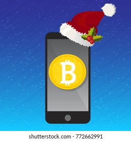 Mobile phone bitcoin Christmas payment concept. Bitcoin golden coins on smart phone screen with Santa Claus hat. mobile transaction or donation. Mobile mining