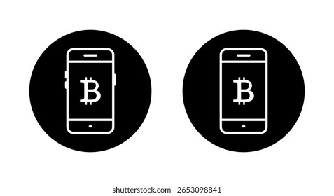 Teléfono móvil con icono de bitcoin. Transacción criptográfica y concepto de moneda digital en círculo negro
