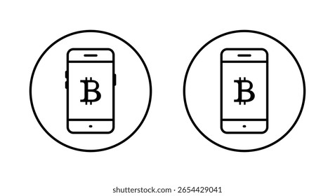 Teléfono móvil con icono de bitcoin. Transacción criptográfica y concepto de moneda digital en esquema circular