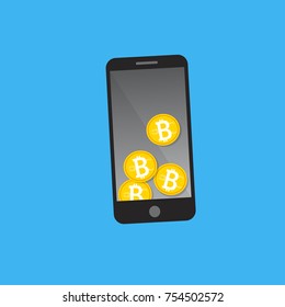 Mobile phone bitcoin payment concept. Bitcoin golden coins on smart phone screen. mobile transaction or donation. Mobile mining