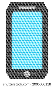 Das Mobiltelefon mit schwarzem Rand und hellblauem Display aus 3D-Würfeln