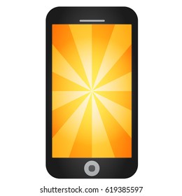 Mobile phone in a black case with an orange screen.