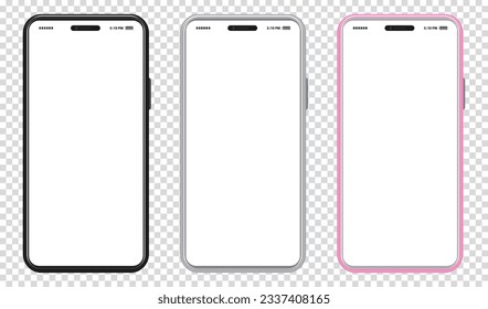 Mobile Phone With Black, Silver and Pink Colored Design.Vector smartphone mockup with frameless white screen. Isolated on transparent background. 