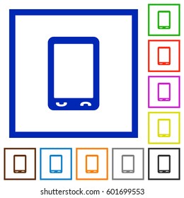 Mobile phone with blank display flat color icons in square frames on white background