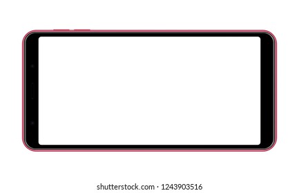 Mobile phone with blank screen - horizontal front view. Smartphone pink mockup. Vector illustration