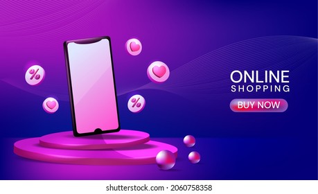 Mobile Phone With A Blank Screen On Podium. Mockup Template Of Modern Smartphone. 3d Rendering