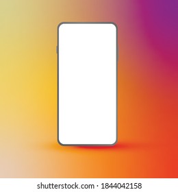 Mobile phone with blank screen. Silver smartphone 3D perspective view. Colorful gradient mesh background. Template for graphic design presentation. Vector illustration