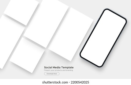 Mobile Phone With Blank Screen and Templates for Social Media Posts Design. Vector Illustration