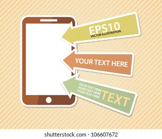 Mobile phone with blank screen and three arrows. Vector illustration