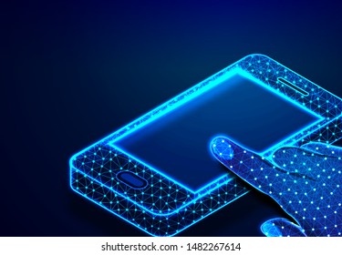 mobile phone with blank white empty screen in holding man hand and fingers. Illustration dark blue background. Communication app smartphone concept. Abstract Low-poly wireframe vector technology.