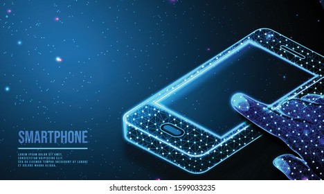 Mobile phone. with a blank white empty screen in holding man's hand and fingers. Communication app smartphone concept.  abstract low poly wireframe mesh design. from connecting dot and line. vector