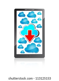 mobile phone with blue cloud computing icons and red arrow on a white background